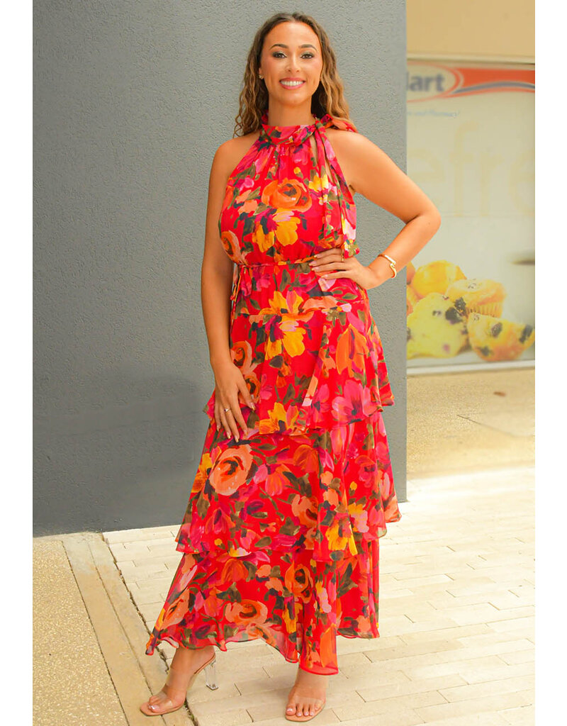 Julia Jordan FIHAD- Long Floral Hi Neck Dress with Shutters