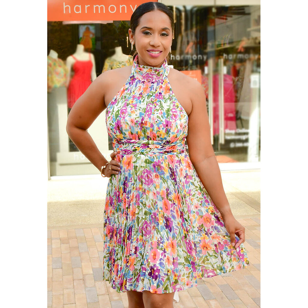 FEVIA- Hi Neck Pleated Foil Print Dress