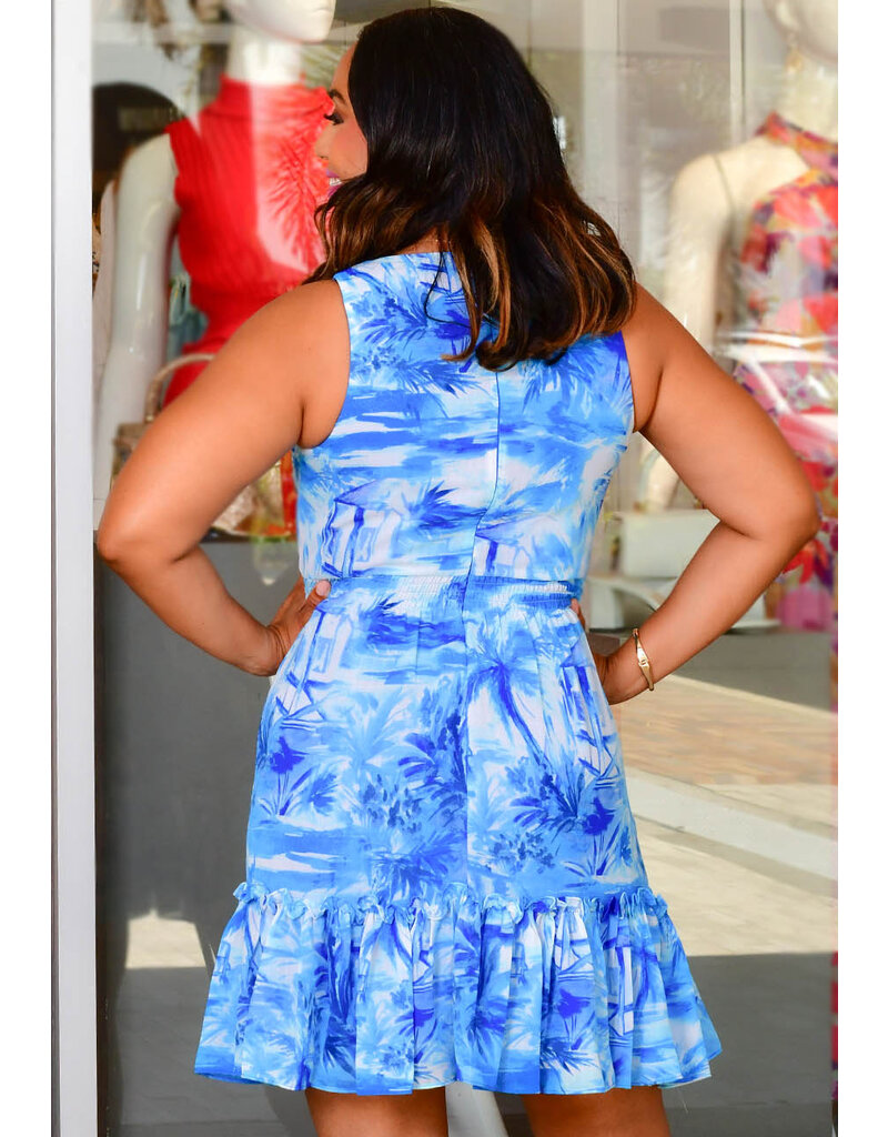 FURGUS- Printed V Neck Frill Hem Dress