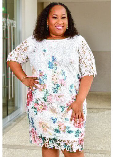 Nina Leonard CARRIE-Plus Size Printed Short Sleeve Round Neck Dress