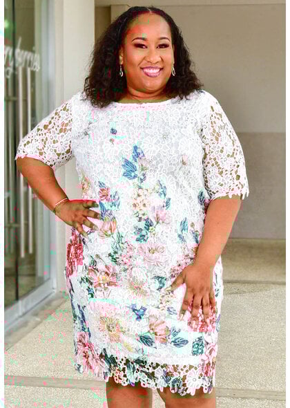 Nina Leonard CARRIE-Plus Size Printed Short Sleeve Round Neck Dress