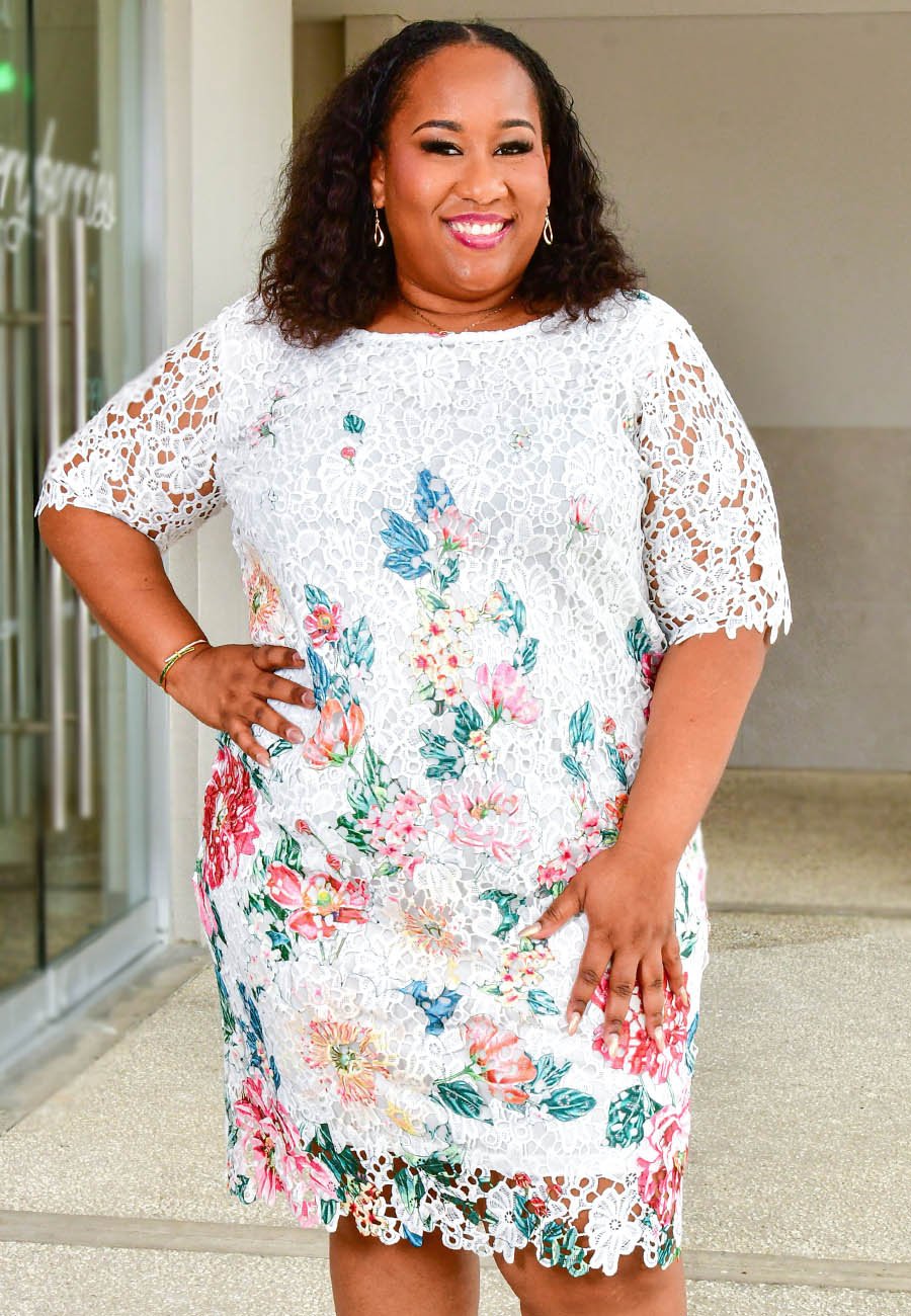 CARRIE-Plus Size Printed Short Sleeve Round Neck Dress - Harmonygirl.com