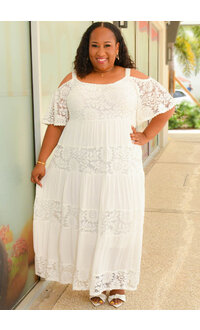Signature GIZZLE- Plus Size Long Cold Shoulder Lace Patch Dress