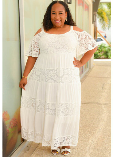 Signature GIZZLE- Plus Size Long Cold Shoulder Lace Patch Dress