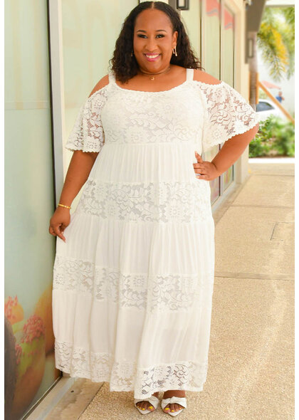 Signature GIZZLE- Plus Size Long Cold Shoulder Lace Patch Dress