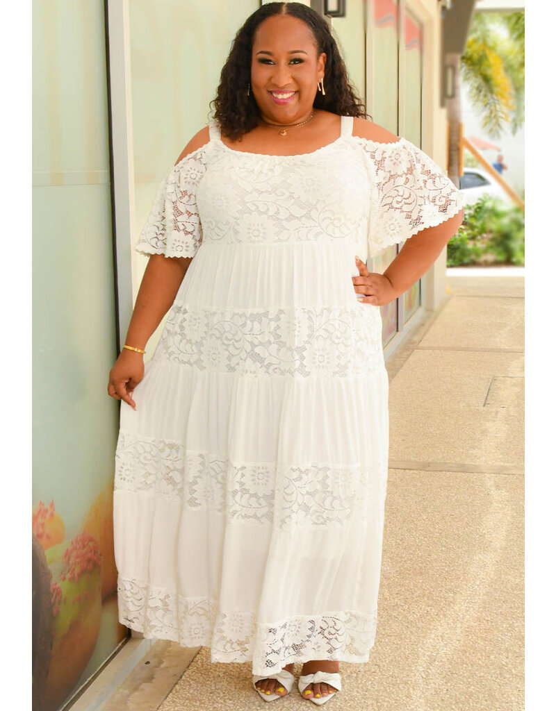 Signature GIZZLE- Plus Size Long Cold Shoulder Lace Patch Dress