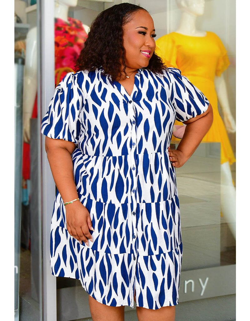 MLLE Gabrielle KALINDA- Plus Size Printed Frill V Neck Button Down Dress
