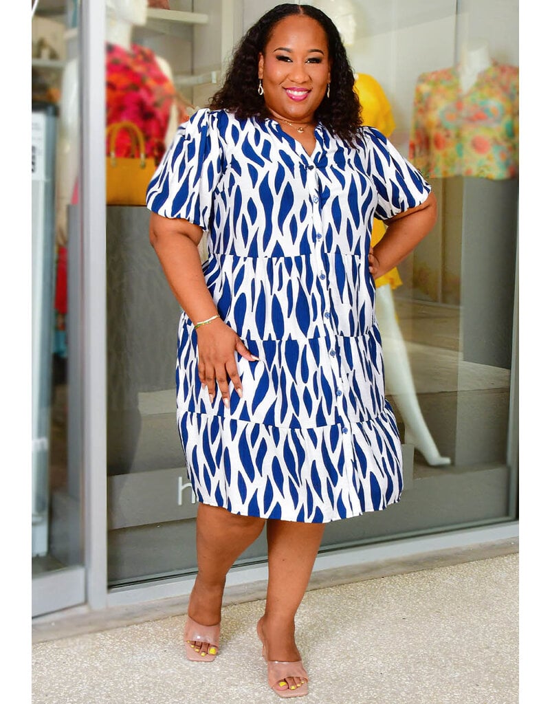 MLLE Gabrielle KALINDA- Plus Size Printed Frill V Neck Button Down Dress