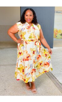 KIENA- Plus Size Floral Button Down Dress with Band