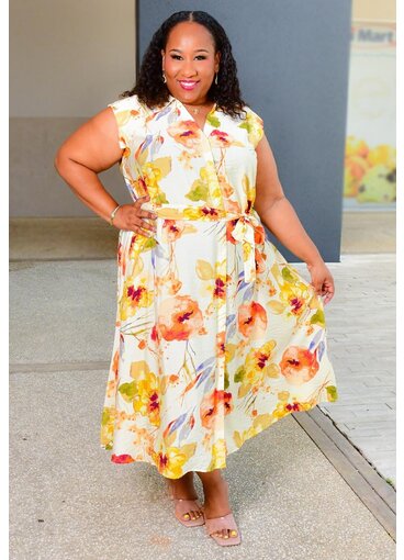 KIENA- Plus Size Floral Button Down Dress with Band