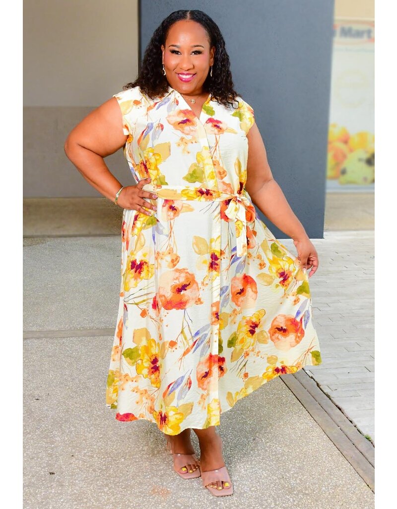 KIENA- Plus Size Floral Button Down Dress with Band