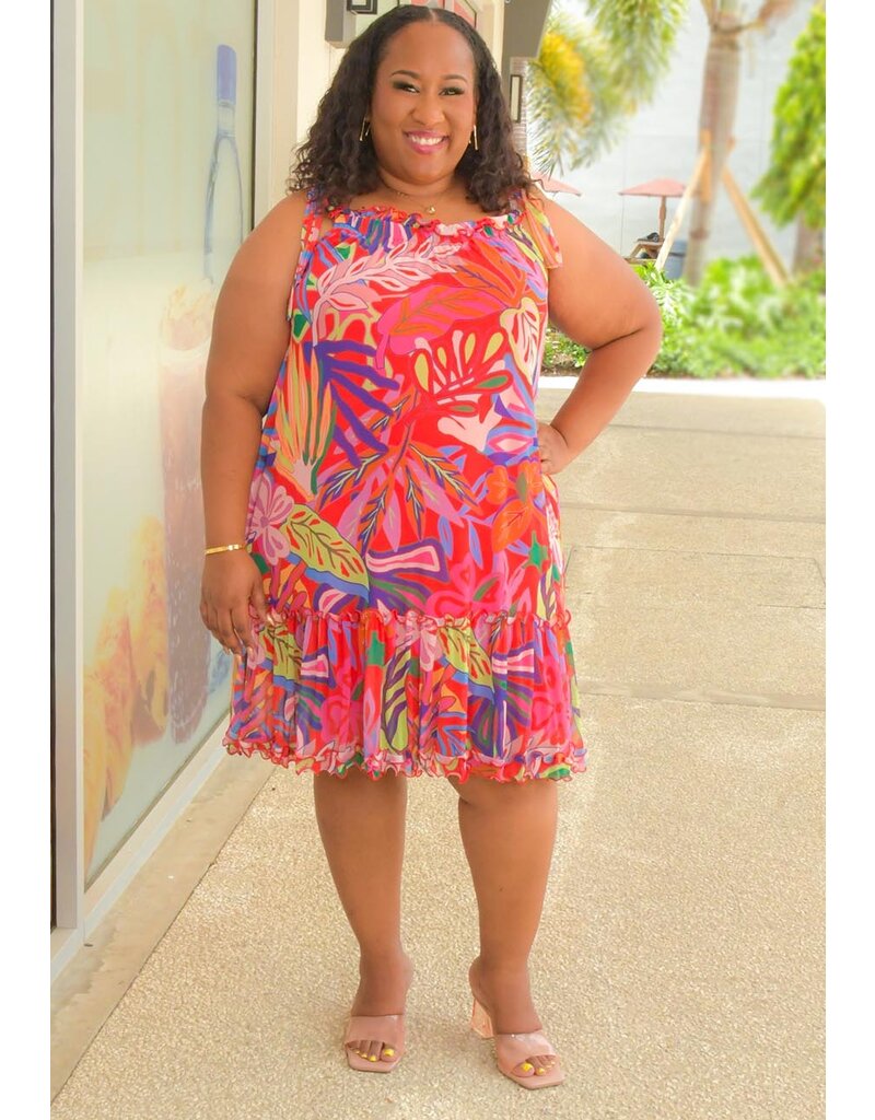 Signature MANDIE- Plus Size Printed Tie Strap Dress with Frill Hem