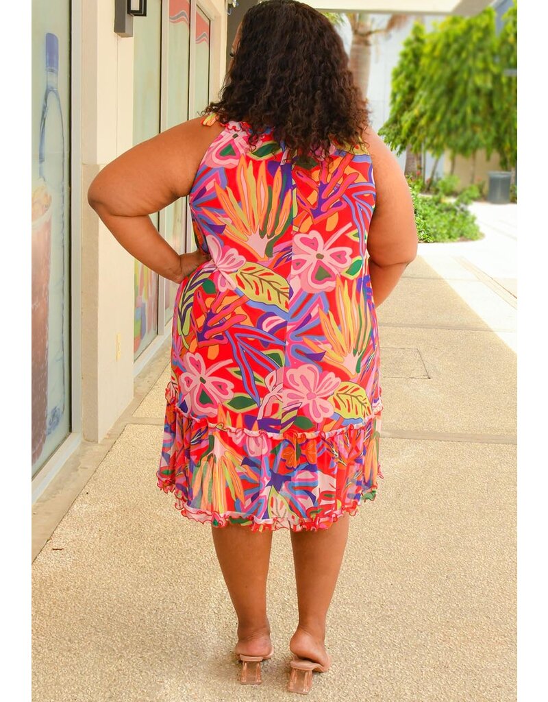 Signature MANDIE- Plus Size Printed Tie Strap Dress with Frill Hem