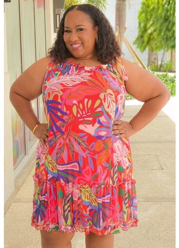 Signature MANDIE- Plus Size Printed Tie Strap Dress with Frill Hem