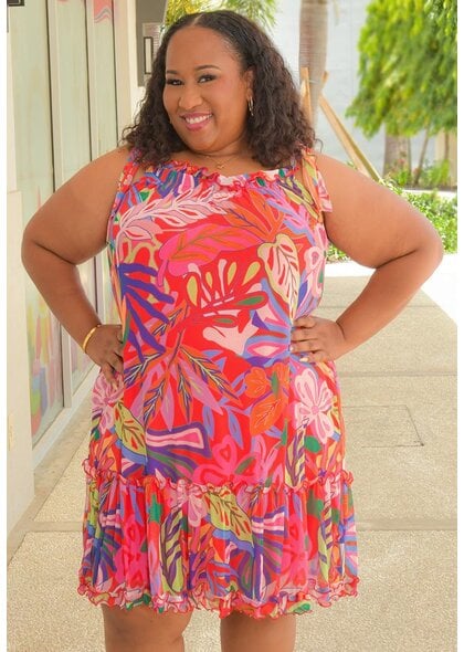 Signature MANDIE- Plus Size Printed Tie Strap Dress with Frill Hem