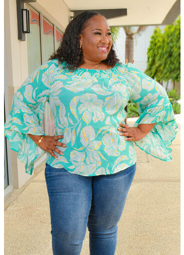 MLLE Gabrielle VAIRA- Plus Size Printed Trumpet Sleeve Top