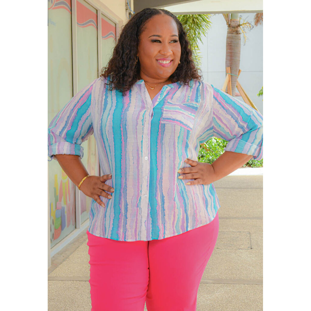 VARESH- Plus Size Printed Button Down Top with Sleeves