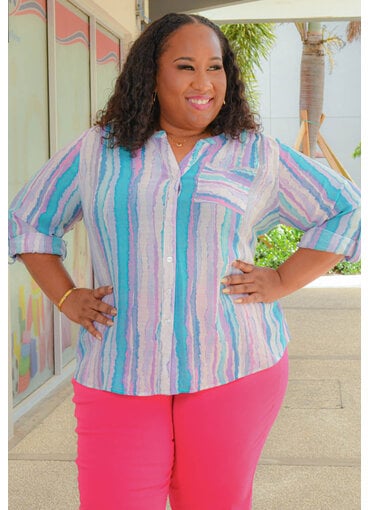 ZAC & RACHEL VARESH- Plus Size Printed Button Down Top with Sleeves