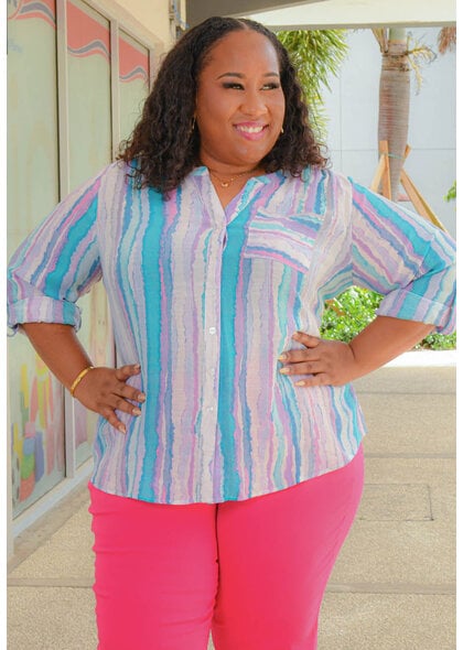 ZAC & RACHEL VARESH- Plus Size Printed Button Down Top with Sleeves