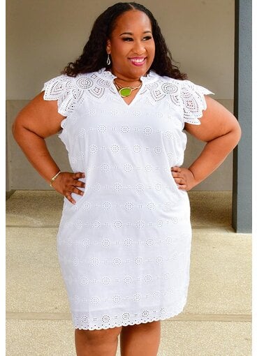 KOND- Solid V Neck Eyelets Dress with Cap Sleeves