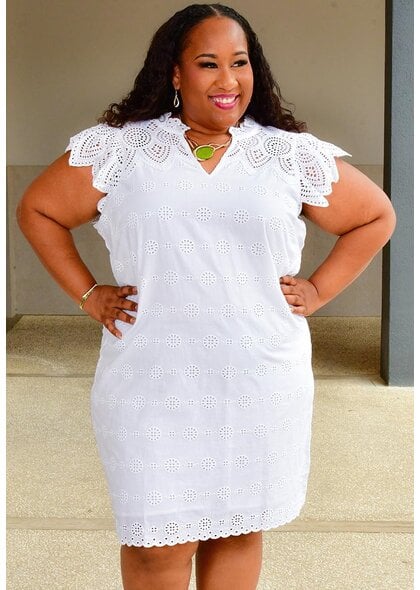 KOND- Solid V Neck Eyelets Dress with Cap Sleeves
