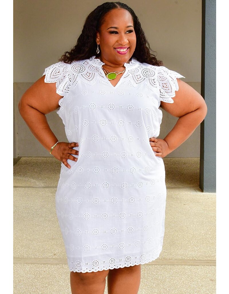 KOND- Solid V Neck Eyelets Dress with Cap Sleeves