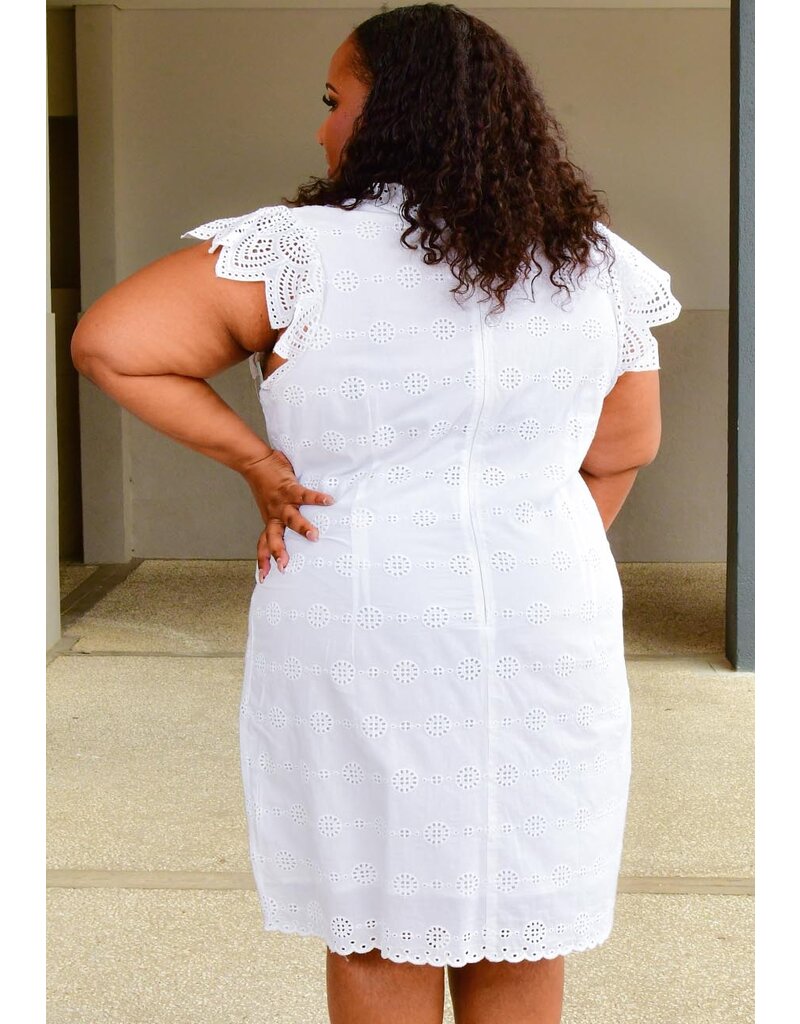 KOND- Solid V Neck Eyelets Dress with Cap Sleeves