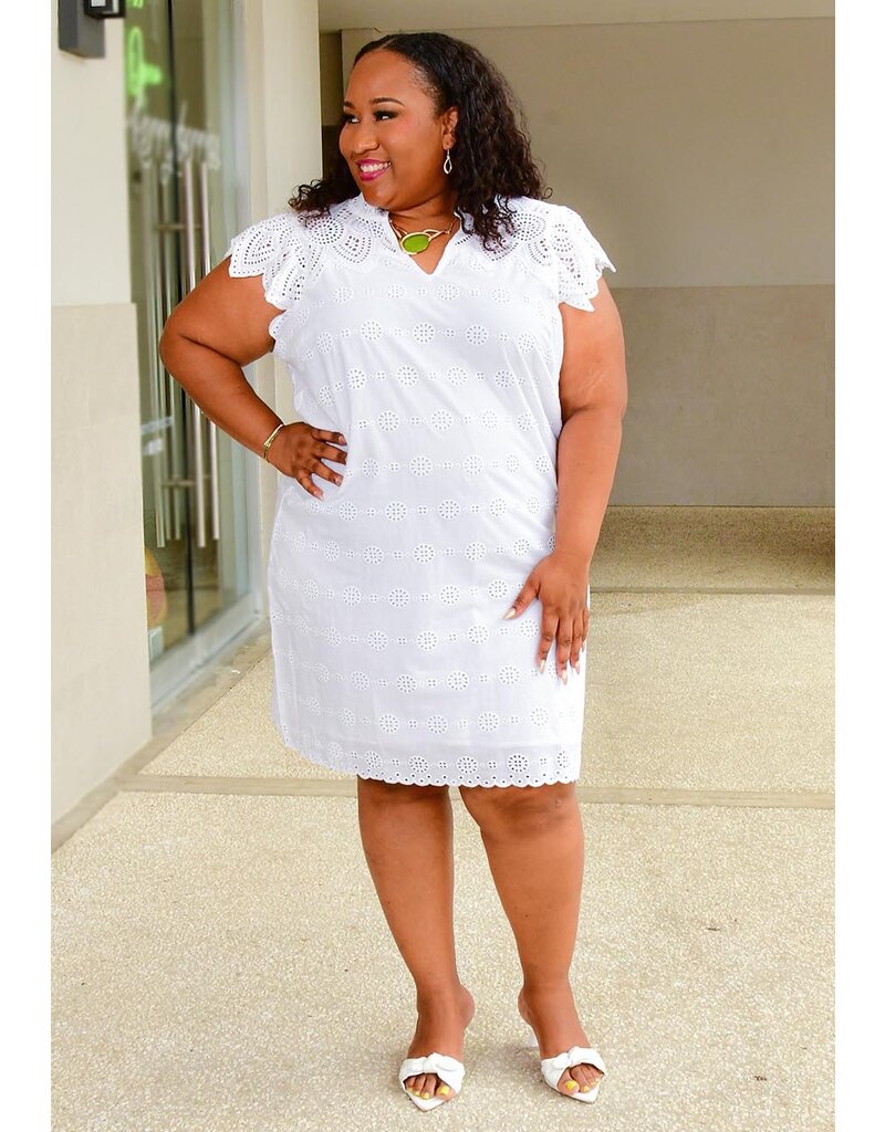 KOND- Solid V Neck Eyelets Dress with Cap Sleeves