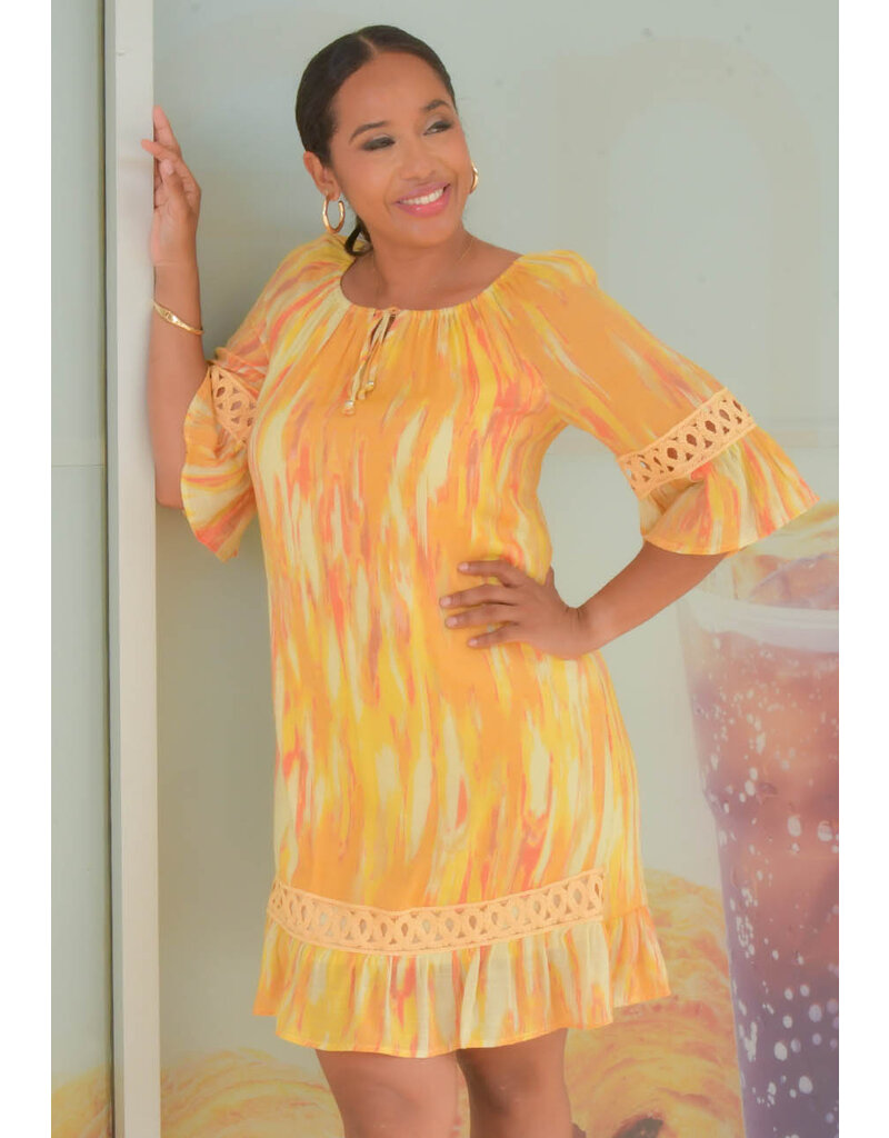 GIUO- Printed Bell Sleeve Dress with Keyhole - Harmonygirl.com