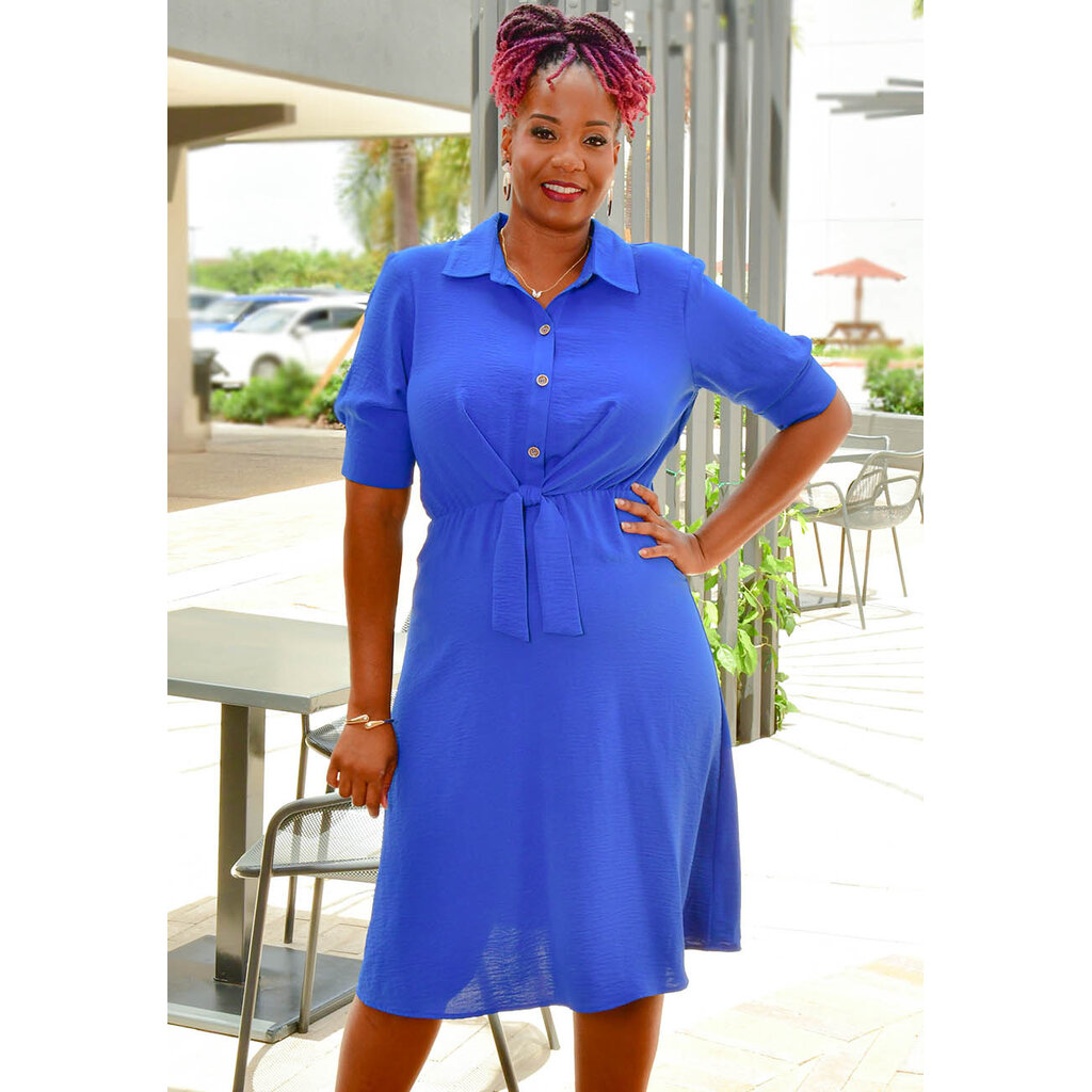 REBRI- Solid Tie Waist Dress with Collar