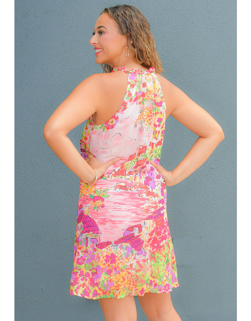 KANIA- Printed Armhole Dress with Split Neck