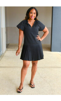 Signature KELSIE- Pleated Hem with Ruffle V Neck Dress