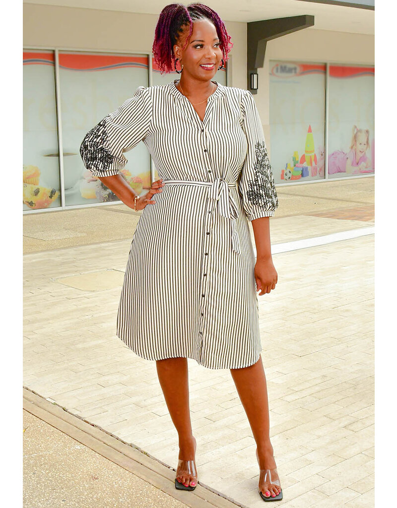 FIGUEROA & FLOWER KLOI- Stripe Dress with Embroidery 3/4 Sleeves