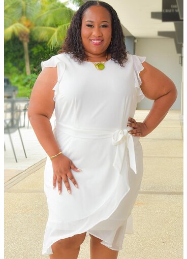 Shelby & Palmer RETTI- Plus Size Solid Chiffon Frill Arm Dress