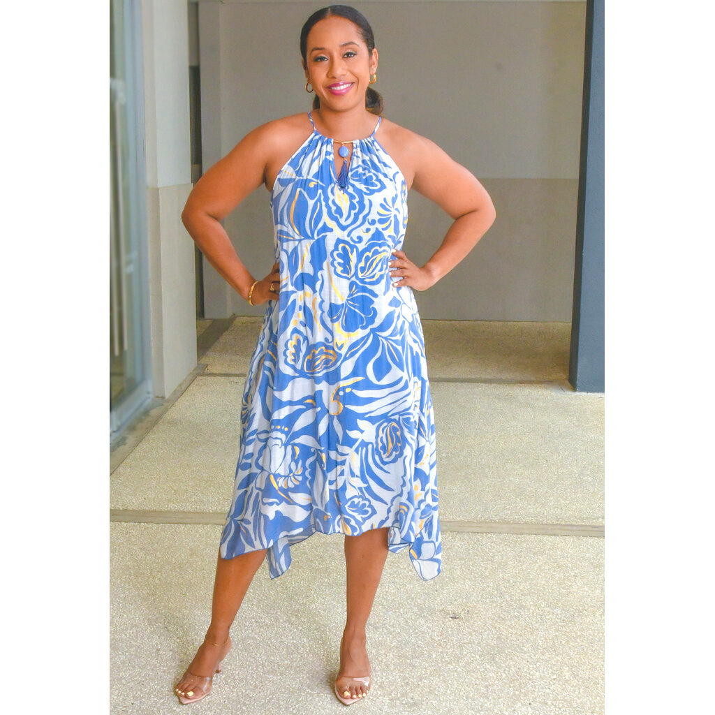 GAJARA- Printed Hi-Neck Dress with Keyhole Tassel