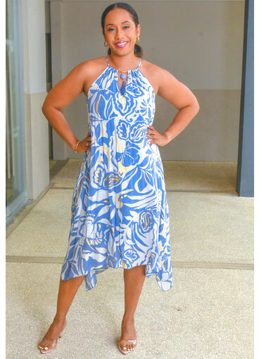 MLLE Gabrielle GAJARA- Printed Hi-Neck Dress with Keyhole Tassel