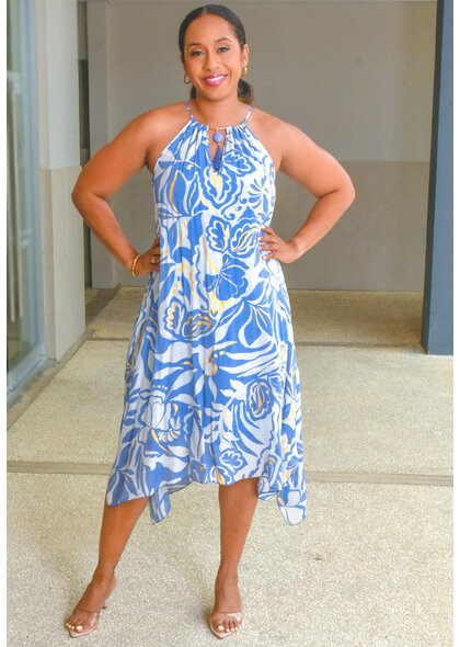 MLLE Gabrielle GAJARA- Printed Hi-Neck Dress with Keyhole Tassel