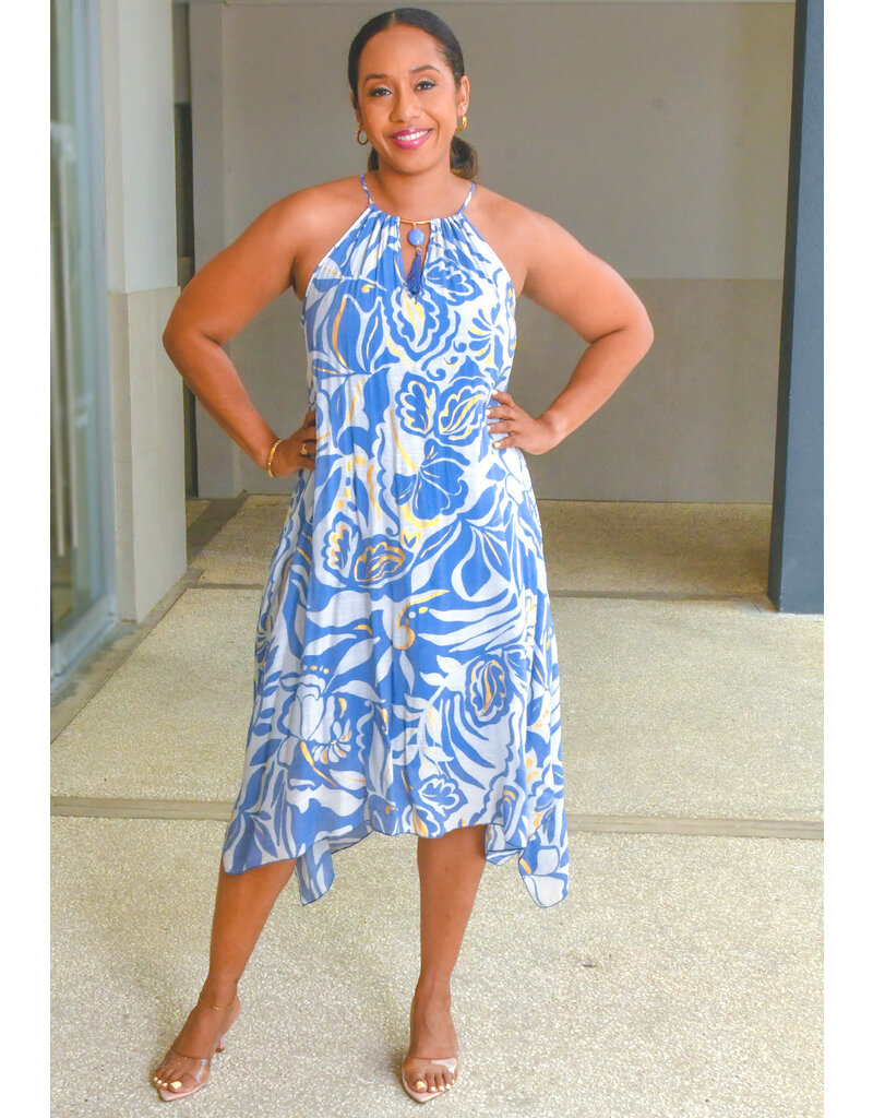 MLLE Gabrielle GAJARA- Printed Hi-Neck Dress with Keyhole Tassel