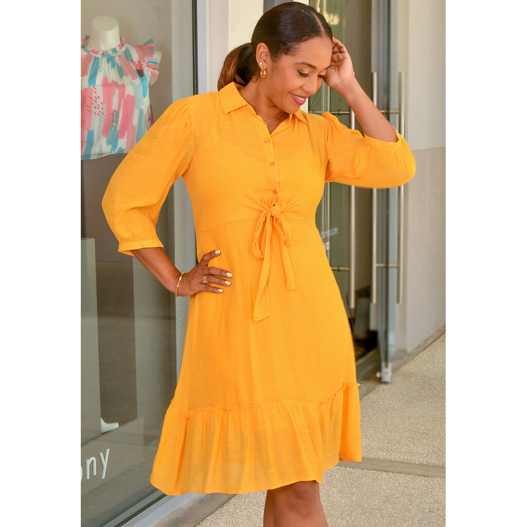 GARID- Solid Tie Waist 3/4 Sleeves Dress