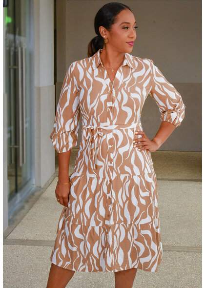 MLLE Gabrielle KEZIAH- Printed Button Down 3/4 Sleeve Dress