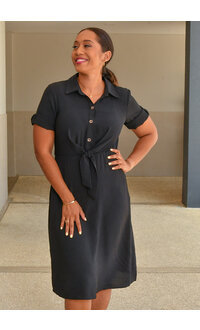 REBRI- Solid Tie Waist Dress with Collar