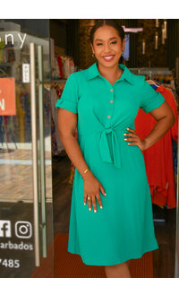 REBRI- Solid Tie Waist Dress with Collar