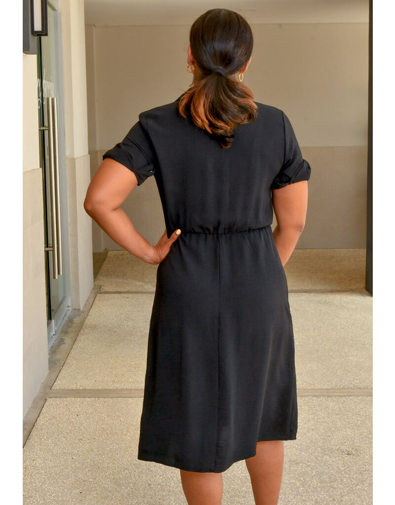 REBRI- Solid Tie Waist Dress with Collar