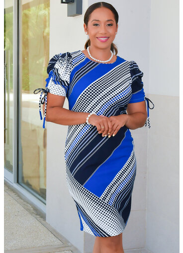 ROMILDA- Dotted & Stripe Dress with Drawstring Sleeves