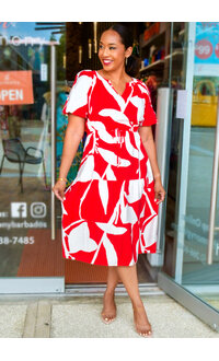 MLLE Gabrielle KYNLEE-Printed Elastic Waist Dress with Puff Sleeves