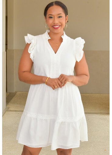 5TH + MADISON NADEAN- Solid V Neck with Frill Embroidery Arms