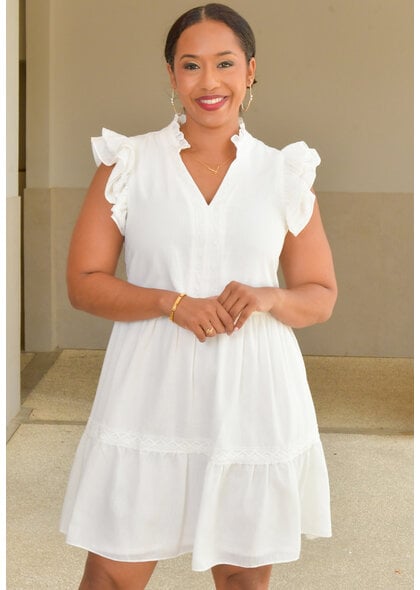 5TH + MADISON NADEAN- Solid V Neck with Frill Embroidery Arms