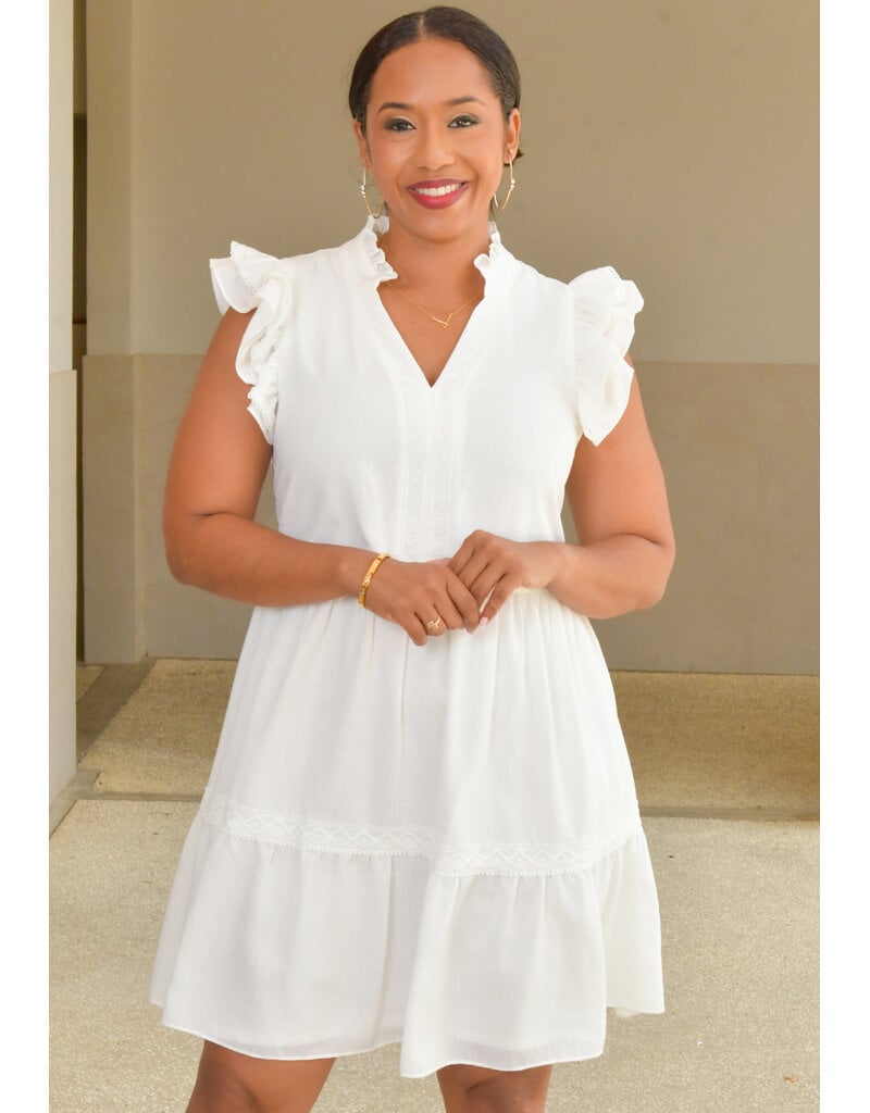 5TH + MADISON NADEAN- Solid V Neck with Frill Embroidery Arms