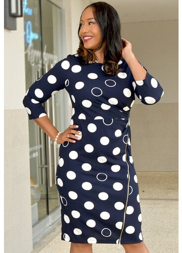 RAYIO- Circle Print 3/4 Sleeve Dress with Side Zip