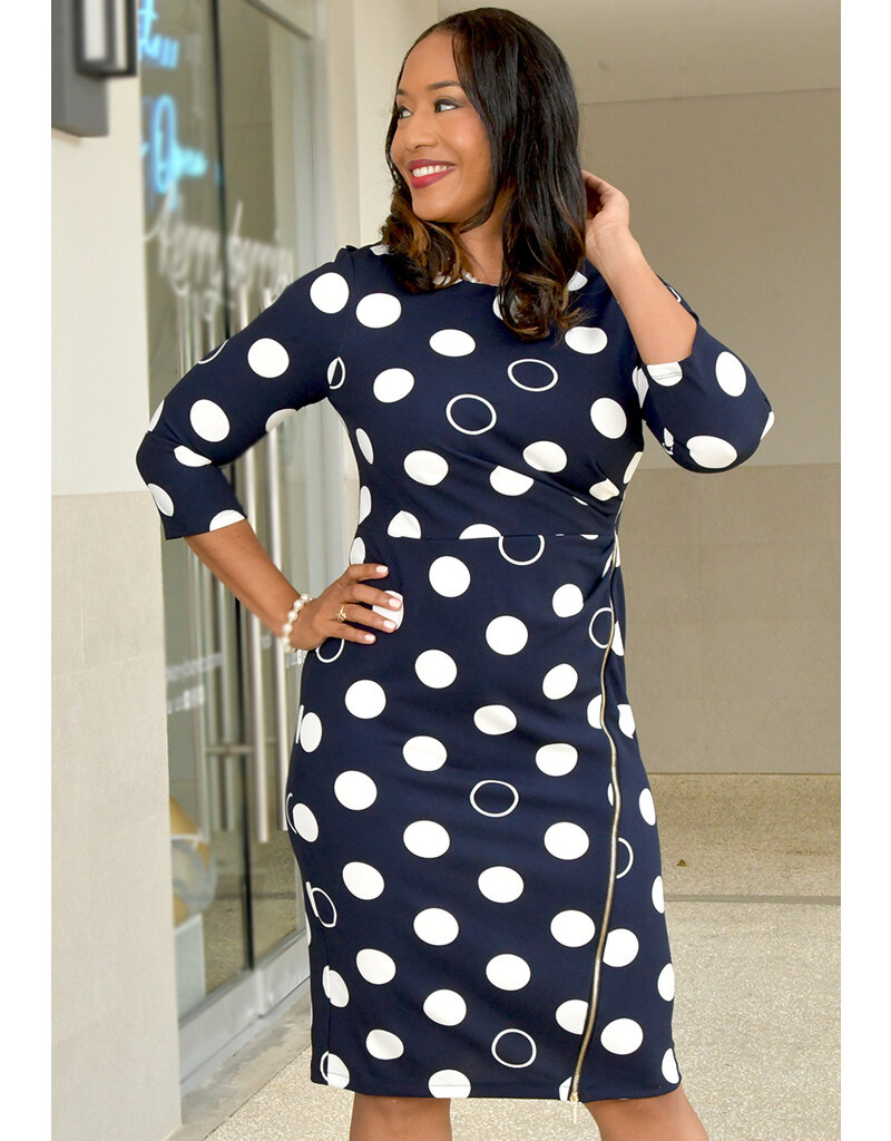 RAYIO- Circle Print 3/4 Sleeve Dress with Side Zip